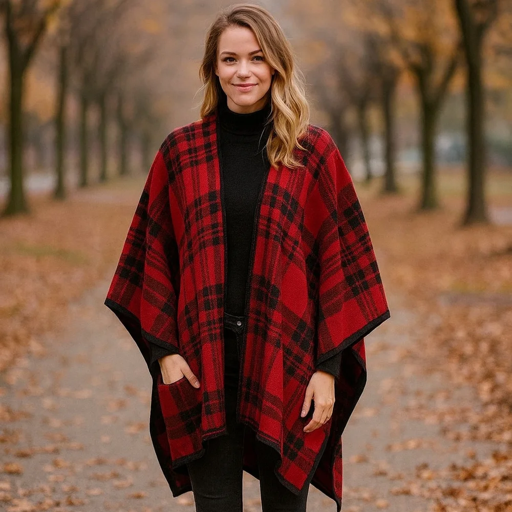 Woolrich Red‎ Black Tartan Blanket Shawl Reversible Cape